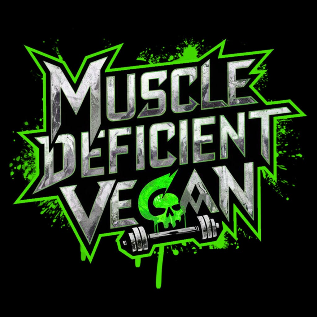 Bold "Muscle Deficient Vegan" logo with green accents, skull, and workout imagery for fitness branding.