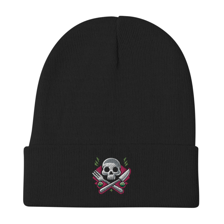 Black beanie with skull and knives